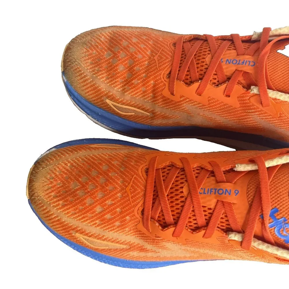 Hoka One One Clifton 9 Impala Orange Blue Mens Size 12.5 D Athletic Shoes